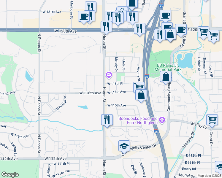 map of restaurants, bars, coffee shops, grocery stores, and more near 11622 Galapago Court in Northglenn