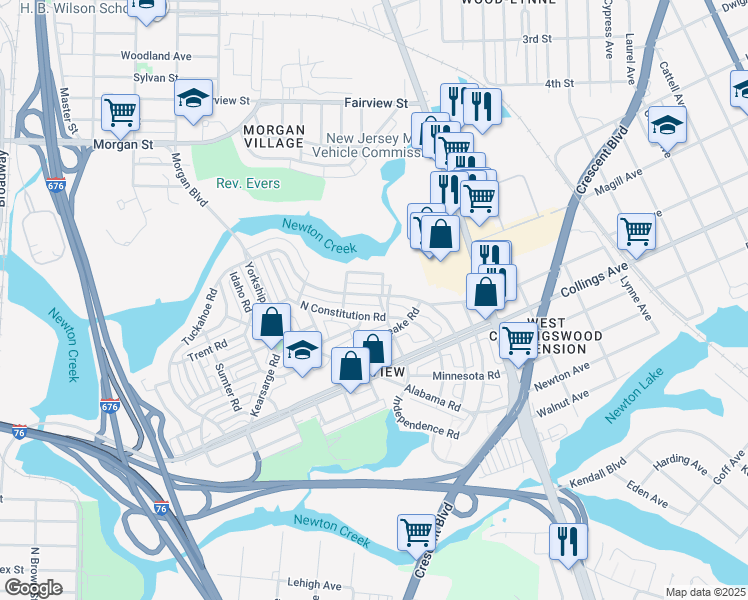map of restaurants, bars, coffee shops, grocery stores, and more near 2945 North Congress Road in Camden