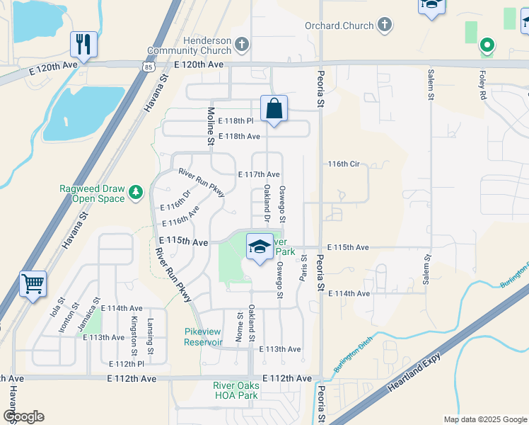 map of restaurants, bars, coffee shops, grocery stores, and more near 11855 East 116th Avenue in Henderson