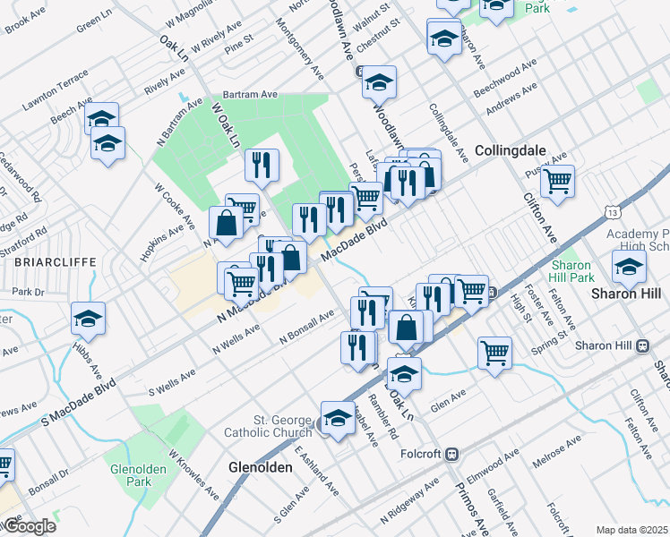 map of restaurants, bars, coffee shops, grocery stores, and more near 1250 Macdade Boulevard in Glenolden