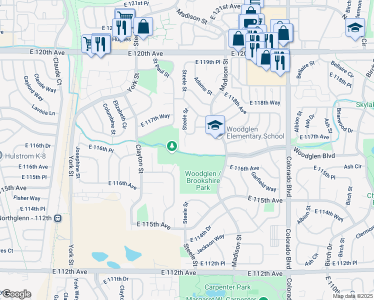 map of restaurants, bars, coffee shops, grocery stores, and more near 11624 Steele Street in Thornton