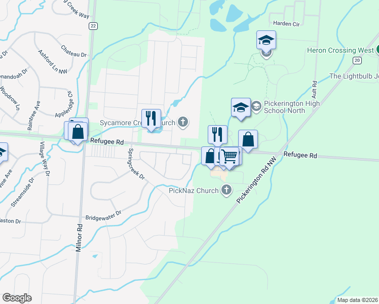 map of restaurants, bars, coffee shops, grocery stores, and more near 8006 Kingfisher Lane in Pickerington