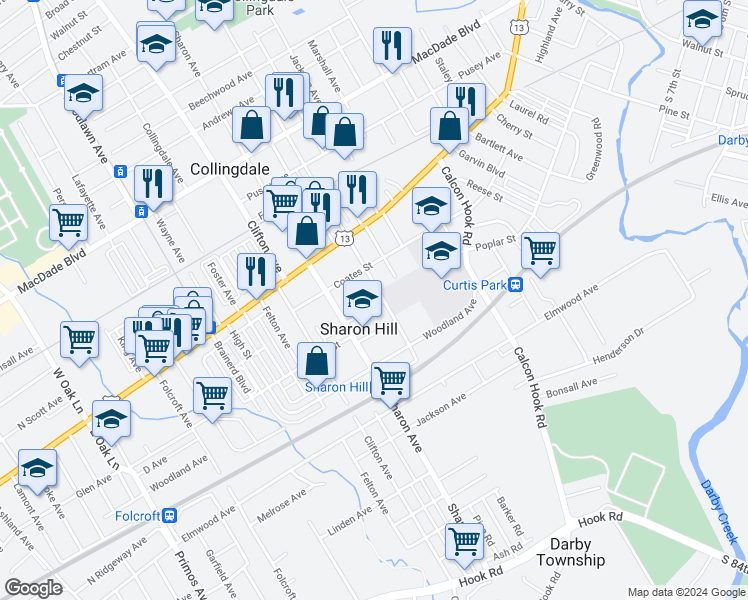 map of restaurants, bars, coffee shops, grocery stores, and more near 1006 Maple Avenue in Sharon Hill