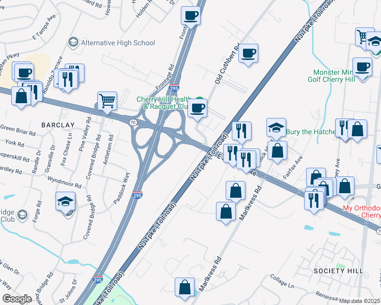 map of restaurants, bars, coffee shops, grocery stores, and more near 1637 41 New Jersey 70 in Cherry Hill