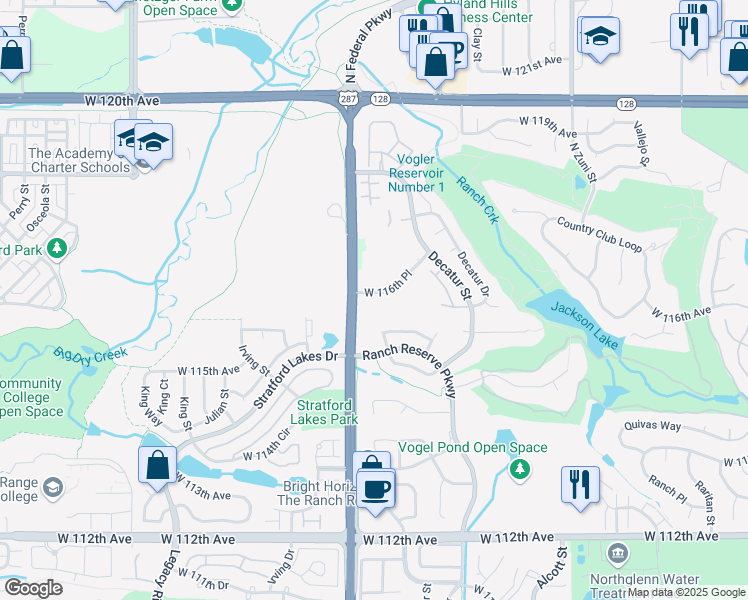 map of restaurants, bars, coffee shops, grocery stores, and more near 11630 Federal Boulevard in Westminster