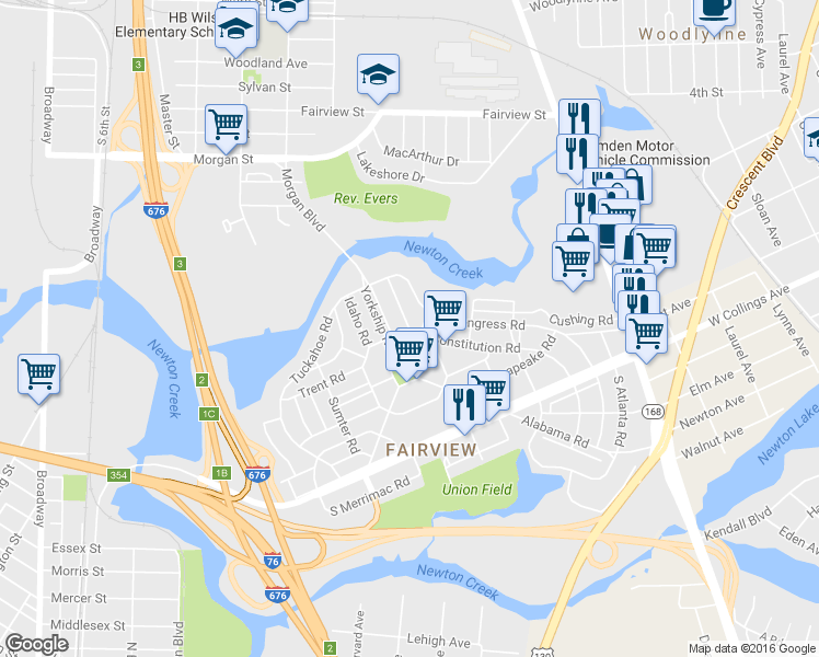 map of restaurants, bars, coffee shops, grocery stores, and more near N Constitution Rd & N Octagon Rd in Camden