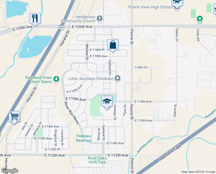 map of restaurants, bars, coffee shops, grocery stores, and more near 11845 East 116th Avenue in Henderson