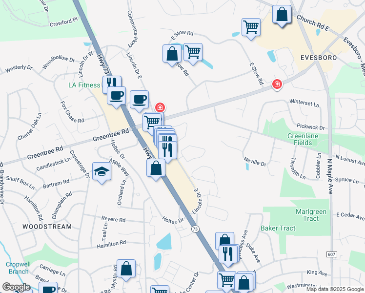 map of restaurants, bars, coffee shops, grocery stores, and more near 3702 Elberta Lane in Evesham