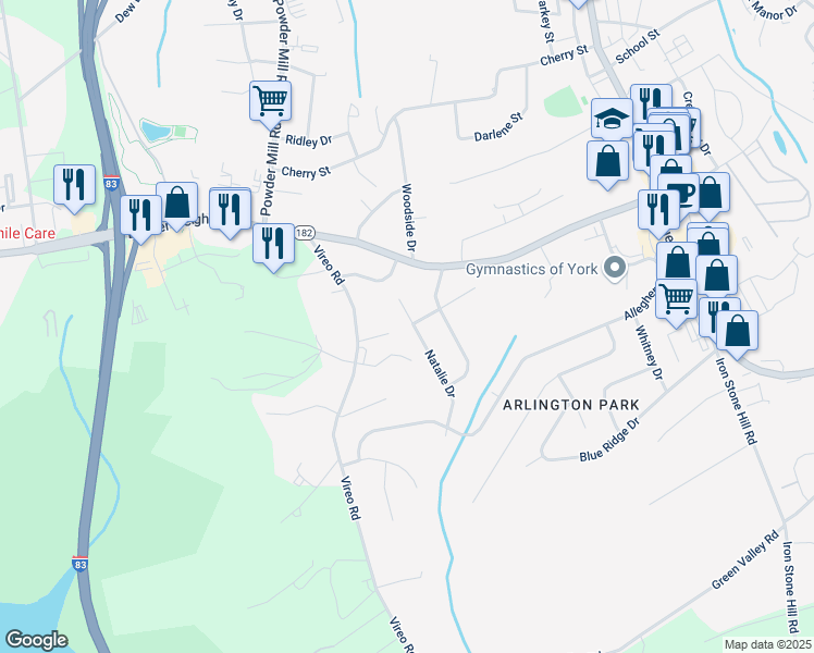 map of restaurants, bars, coffee shops, grocery stores, and more near 2613 Natalie Drive in York