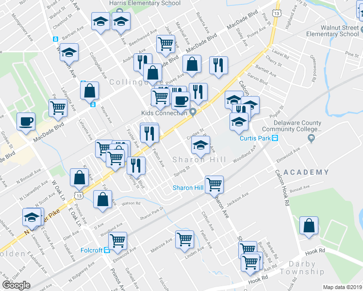 map of restaurants, bars, coffee shops, grocery stores, and more near 204 Sharon Avenue in Sharon Hill