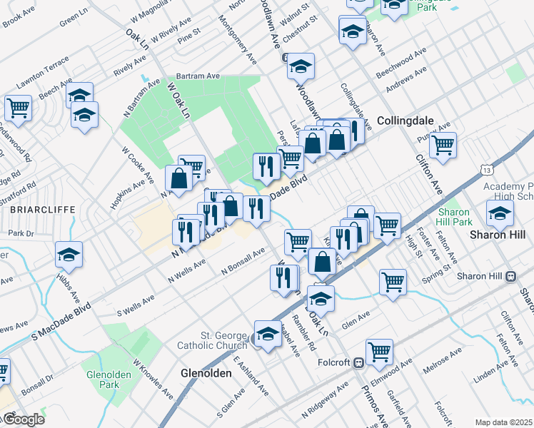 map of restaurants, bars, coffee shops, grocery stores, and more near 1250 Macdade Boulevard in Glenolden