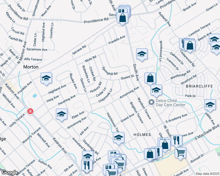 map of restaurants, bars, coffee shops, grocery stores, and more near 2371 Chipmunk Lane in Delaware County