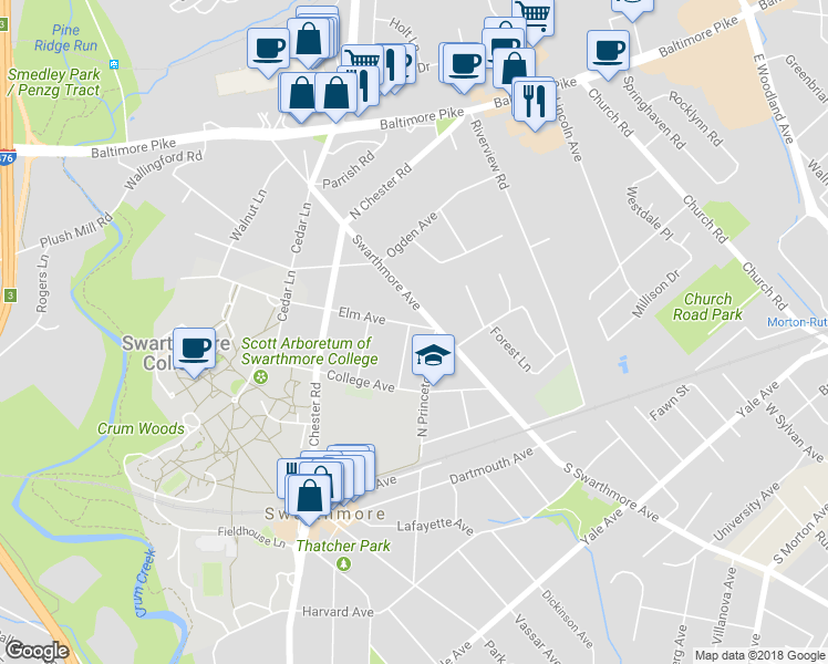 map of restaurants, bars, coffee shops, grocery stores, and more near 104 Elm Avenue in Swarthmore