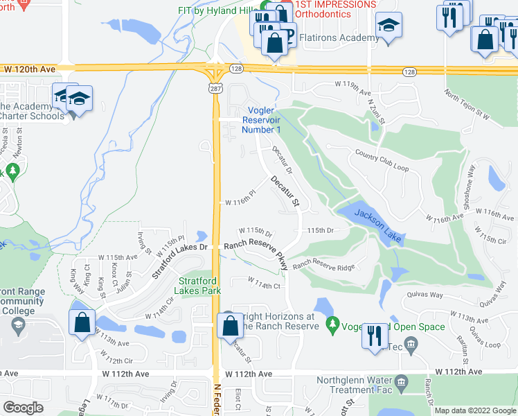 map of restaurants, bars, coffee shops, grocery stores, and more near 2850 West 116th Place in Westminster