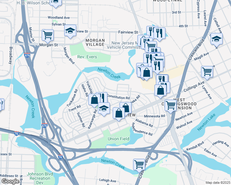 map of restaurants, bars, coffee shops, grocery stores, and more near 2893 North Congress Road in Camden