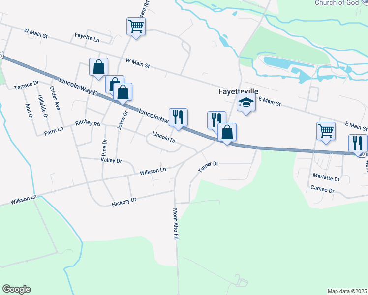 map of restaurants, bars, coffee shops, grocery stores, and more near 48 Lincoln Drive in Fayetteville