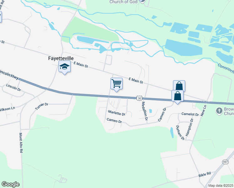 map of restaurants, bars, coffee shops, grocery stores, and more near 5455 Lincoln Way East in Fayetteville
