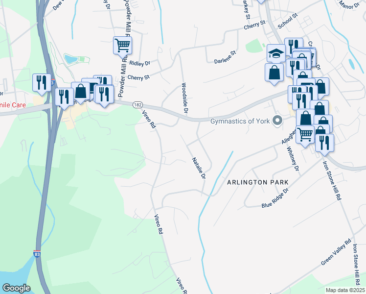 map of restaurants, bars, coffee shops, grocery stores, and more near 2613 Natalie Drive in York