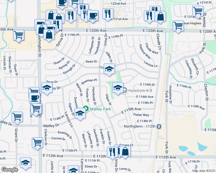 map of restaurants, bars, coffee shops, grocery stores, and more near 11622 Gilpin Street in Northglenn