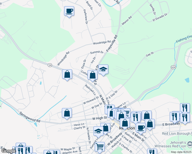map of restaurants, bars, coffee shops, grocery stores, and more near 100 East Prospect Street in Red Lion