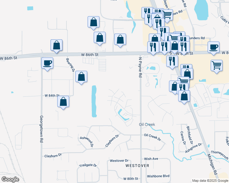 map of restaurants, bars, coffee shops, grocery stores, and more near 8330 Woodall Drive in Indianapolis
