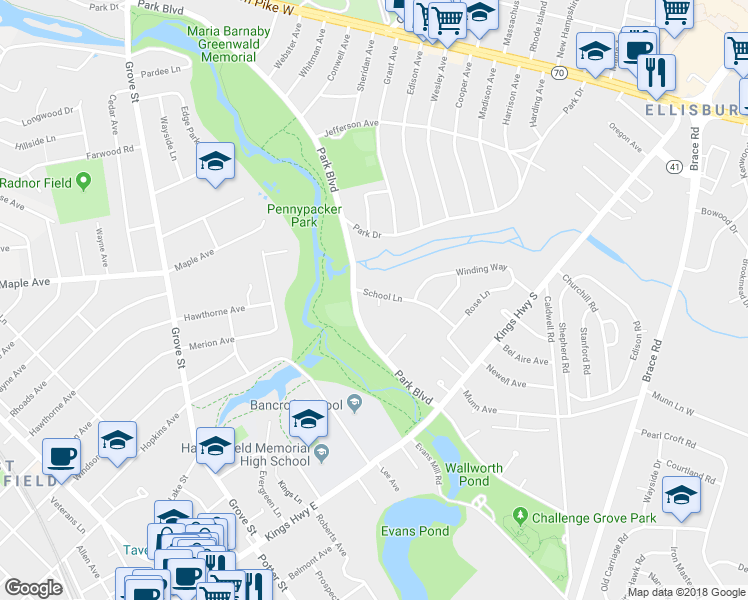 map of restaurants, bars, coffee shops, grocery stores, and more near 35 School Lane in Cherry Hill