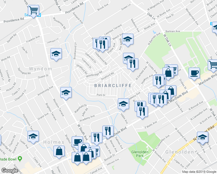 map of restaurants, bars, coffee shops, grocery stores, and more near 730 Surrey Lane in Glenolden