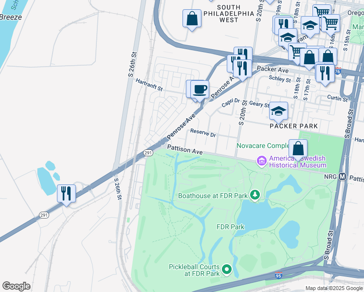 map of restaurants, bars, coffee shops, grocery stores, and more near 3522 Reserve Drive in Philadelphia