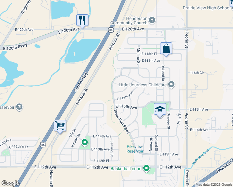 map of restaurants, bars, coffee shops, grocery stores, and more near 11350 East 116th Drive in Henderson