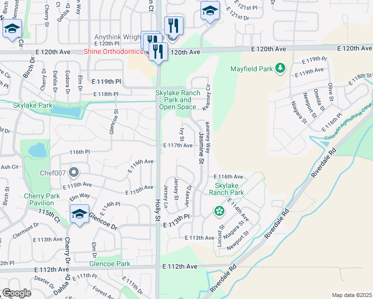 map of restaurants, bars, coffee shops, grocery stores, and more near 11683 Jasmine Court in Thornton