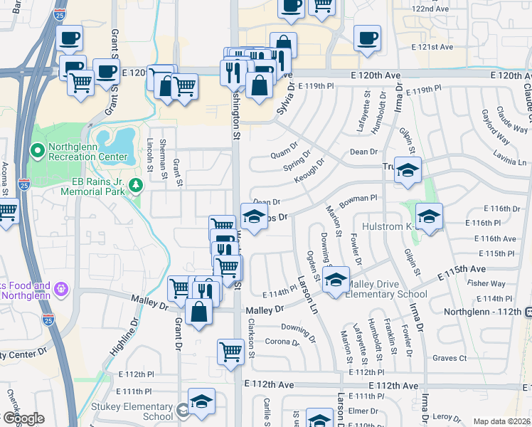 map of restaurants, bars, coffee shops, grocery stores, and more near 841 Phillips Drive in Northglenn