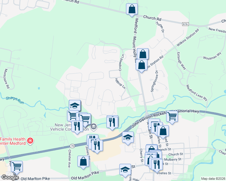 map of restaurants, bars, coffee shops, grocery stores, and more near 166 Eaves Mill Road in Medford