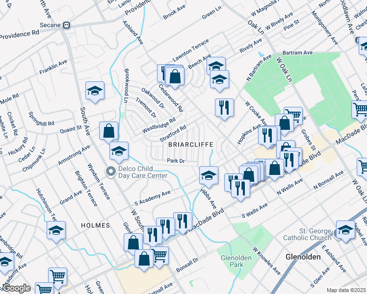 map of restaurants, bars, coffee shops, grocery stores, and more near 730 Surrey Lane in Glenolden