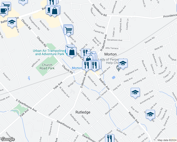 map of restaurants, bars, coffee shops, grocery stores, and more near 6 Kedron Avenue in Morton