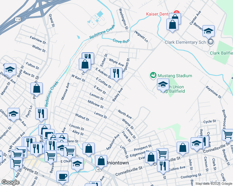 map of restaurants, bars, coffee shops, grocery stores, and more near 204 Bailey Avenue in Uniontown