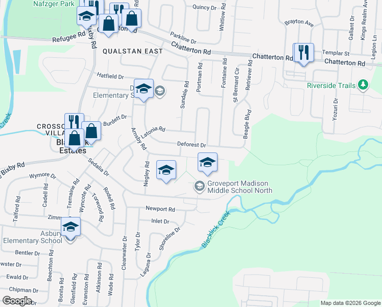 map of restaurants, bars, coffee shops, grocery stores, and more near 3508 Arnsby Road in Columbus