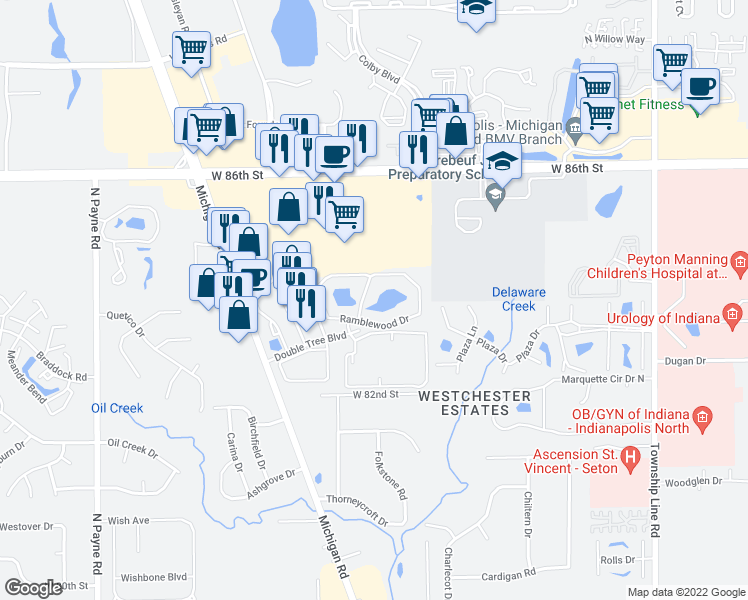 map of restaurants, bars, coffee shops, grocery stores, and more near 8347 North Basswood Drive in Indianapolis