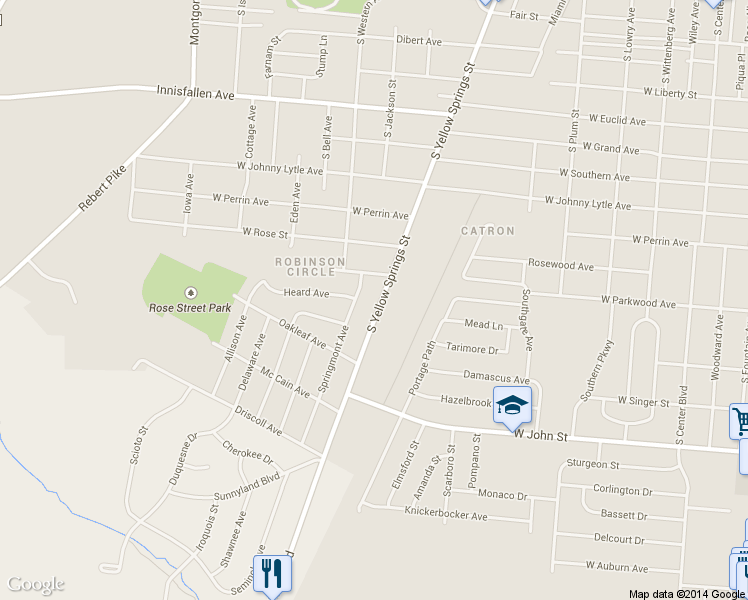 map of restaurants, bars, coffee shops, grocery stores, and more near 1597 South Yellow Springs Street in Springfield