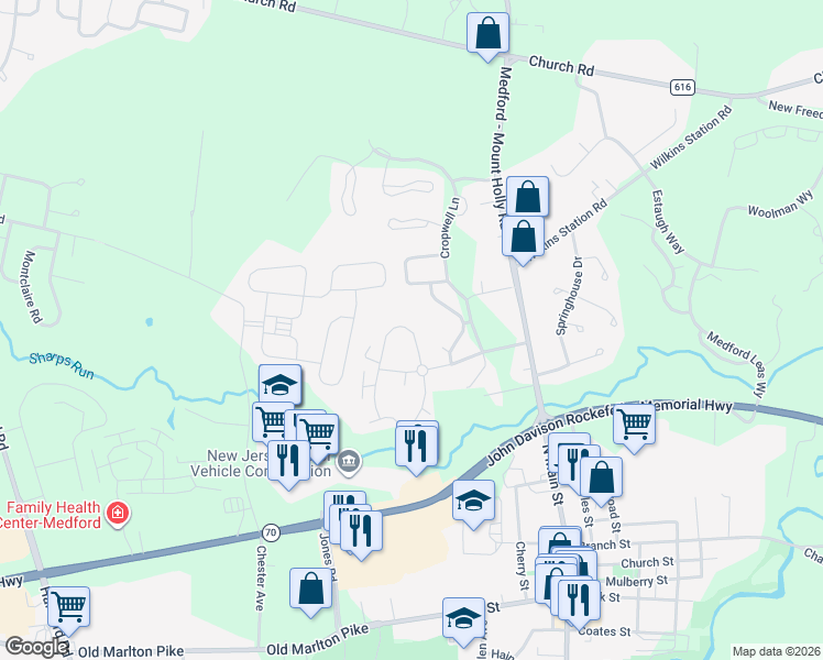 map of restaurants, bars, coffee shops, grocery stores, and more near 166 Eaves Mill Road in Medford