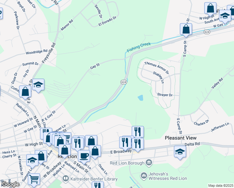 map of restaurants, bars, coffee shops, grocery stores, and more near 350 Craley Road in Red Lion