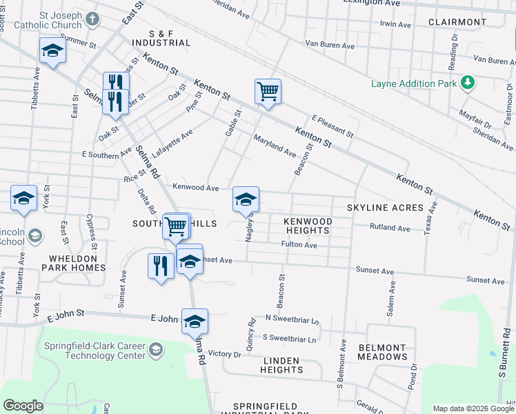 map of restaurants, bars, coffee shops, grocery stores, and more near 1568 Rutland Avenue in Springfield