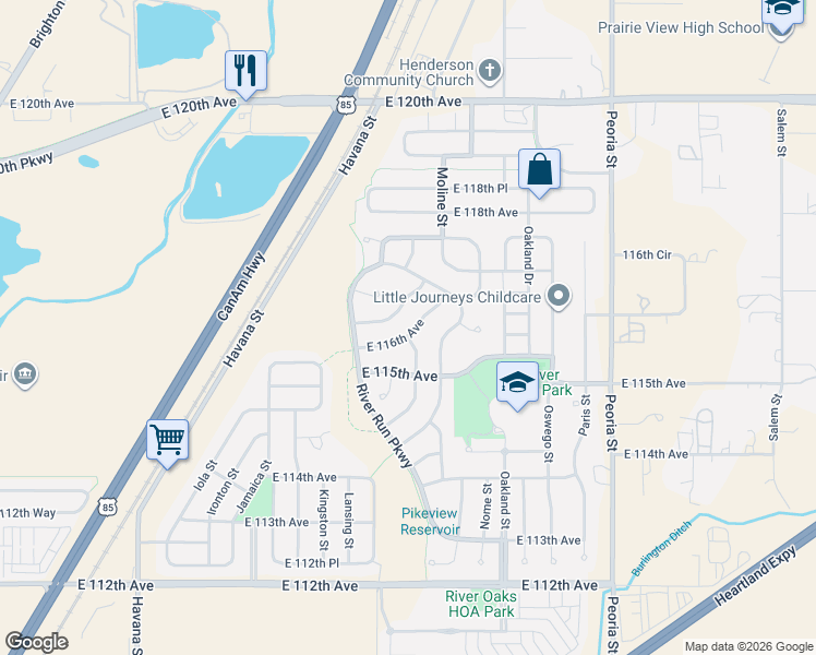 map of restaurants, bars, coffee shops, grocery stores, and more near 11409 East 116th Avenue in Henderson