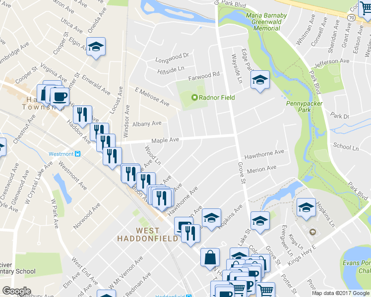 map of restaurants, bars, coffee shops, grocery stores, and more near 252 Ardmore Avenue in Haddonfield
