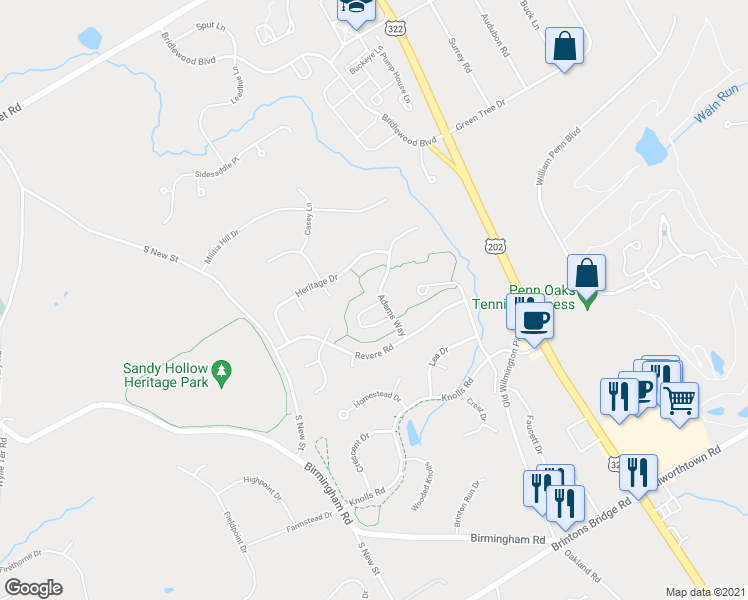 map of restaurants, bars, coffee shops, grocery stores, and more near 911 Adams Way in West Chester