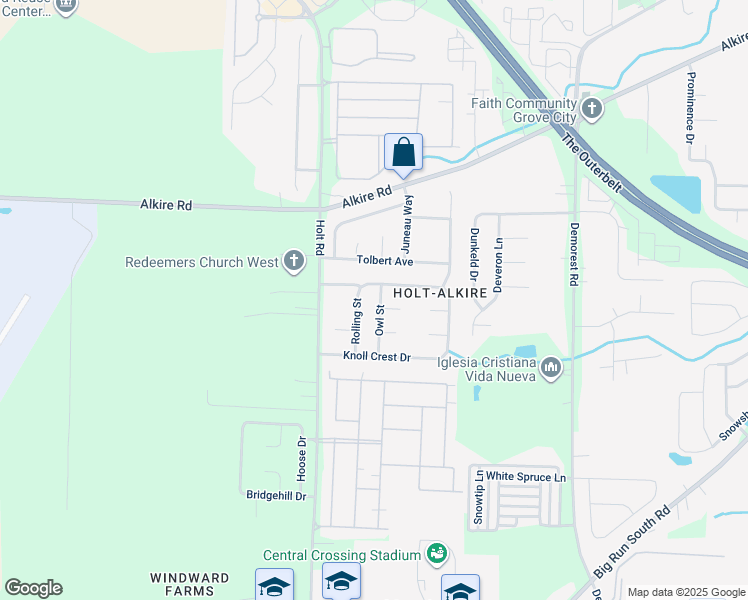 map of restaurants, bars, coffee shops, grocery stores, and more near 2201 Owl Street in Grove City