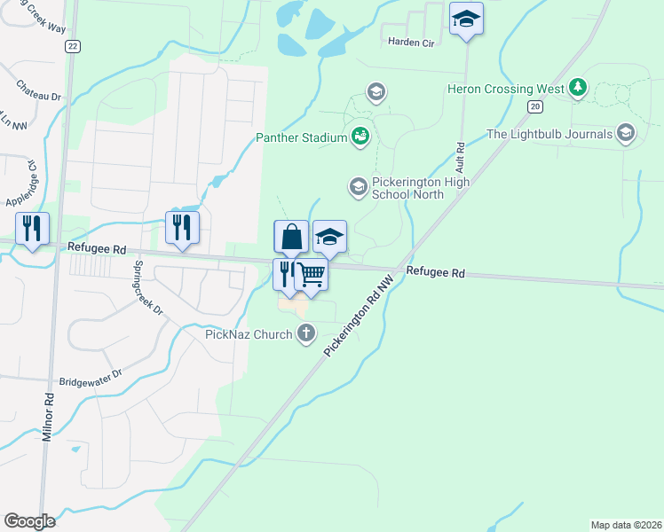 map of restaurants, bars, coffee shops, grocery stores, and more near 7765 Refugee Road in Pickerington