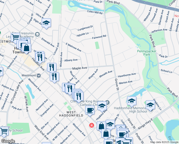 map of restaurants, bars, coffee shops, grocery stores, and more near 252 Ardmore Avenue in Haddonfield