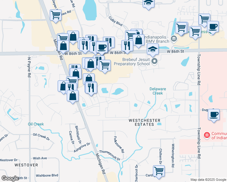 map of restaurants, bars, coffee shops, grocery stores, and more near 8347 North Basswood Drive in Indianapolis