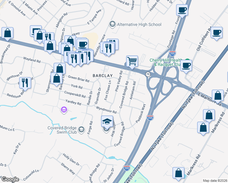 map of restaurants, bars, coffee shops, grocery stores, and more near 120 Pine Valley Road in Cherry Hill