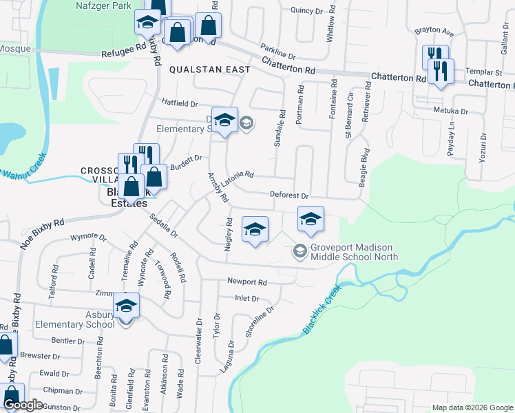 map of restaurants, bars, coffee shops, grocery stores, and more near 3440 Arnsby Road in Columbus